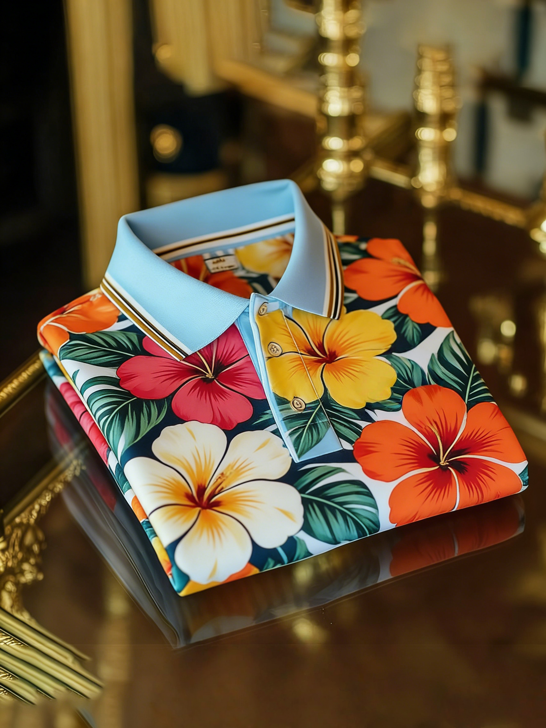 Men's Floral Printed Holiday Casual Short Sleeve Polo Shirt