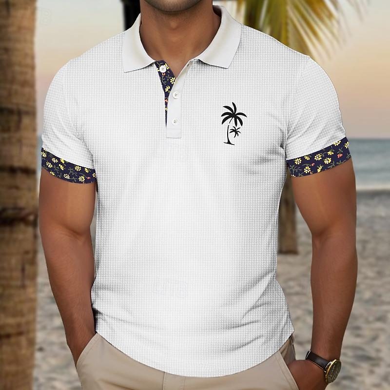 Men's Plaid Palm Tree Textured Golf Shirt Short Sleeve Polo Shirts