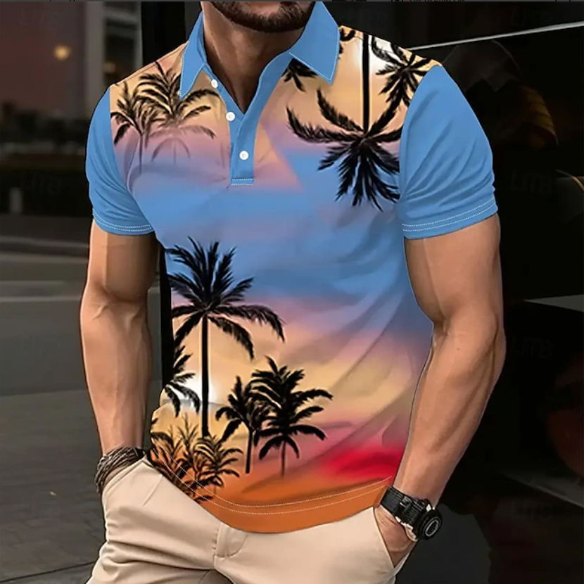 Men's Palm Tree Hawaiian Polo Shirts Short Sleeve