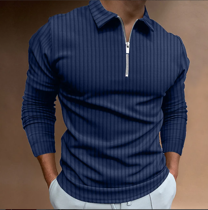 Men's Textured Casual Quarter Zip Long Sleeve Polo Shirt