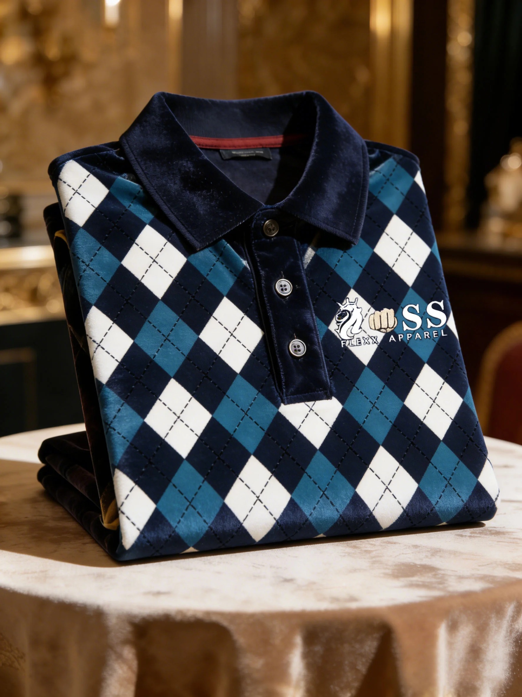 Men's Velvet Business Logo Print Long Sleeve Polo Shirt