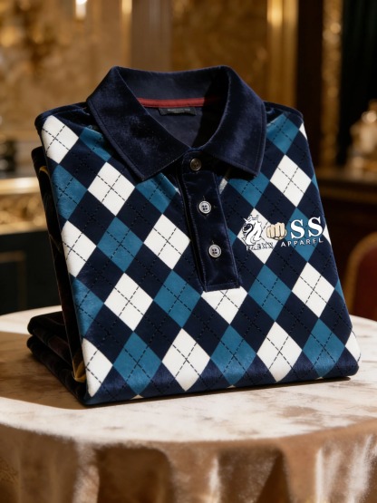 Men's Velvet Business Logo Print Long Sleeve Polo Shirt