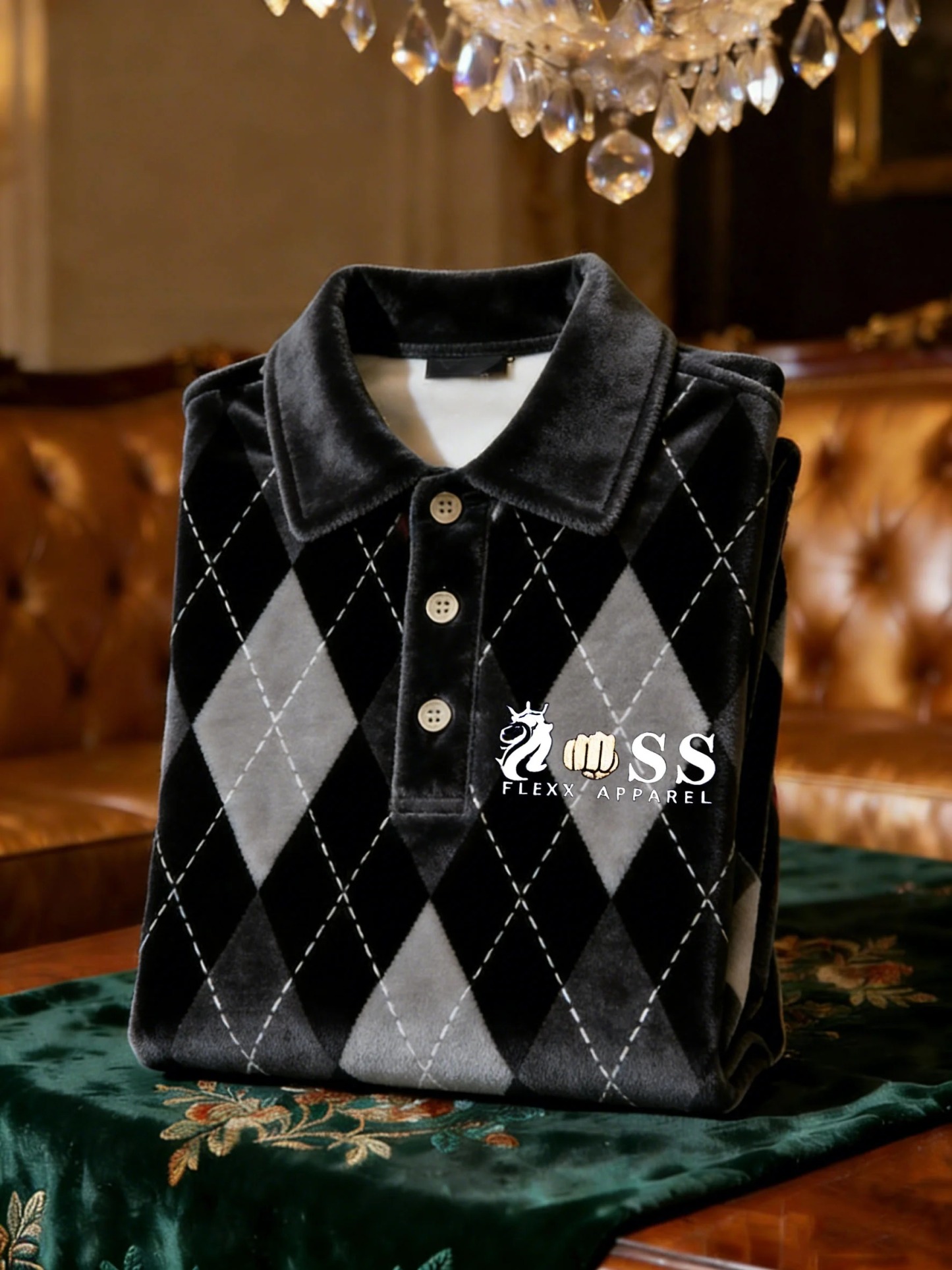 Men's Velvet Business Logo Print Long Sleeve Polo Shirt