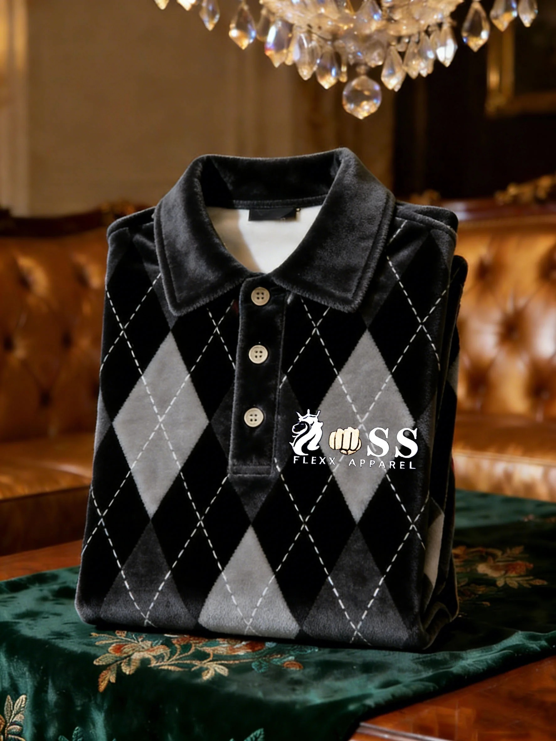 Men's Velvet Business Logo Print Long Sleeve Polo Shirt