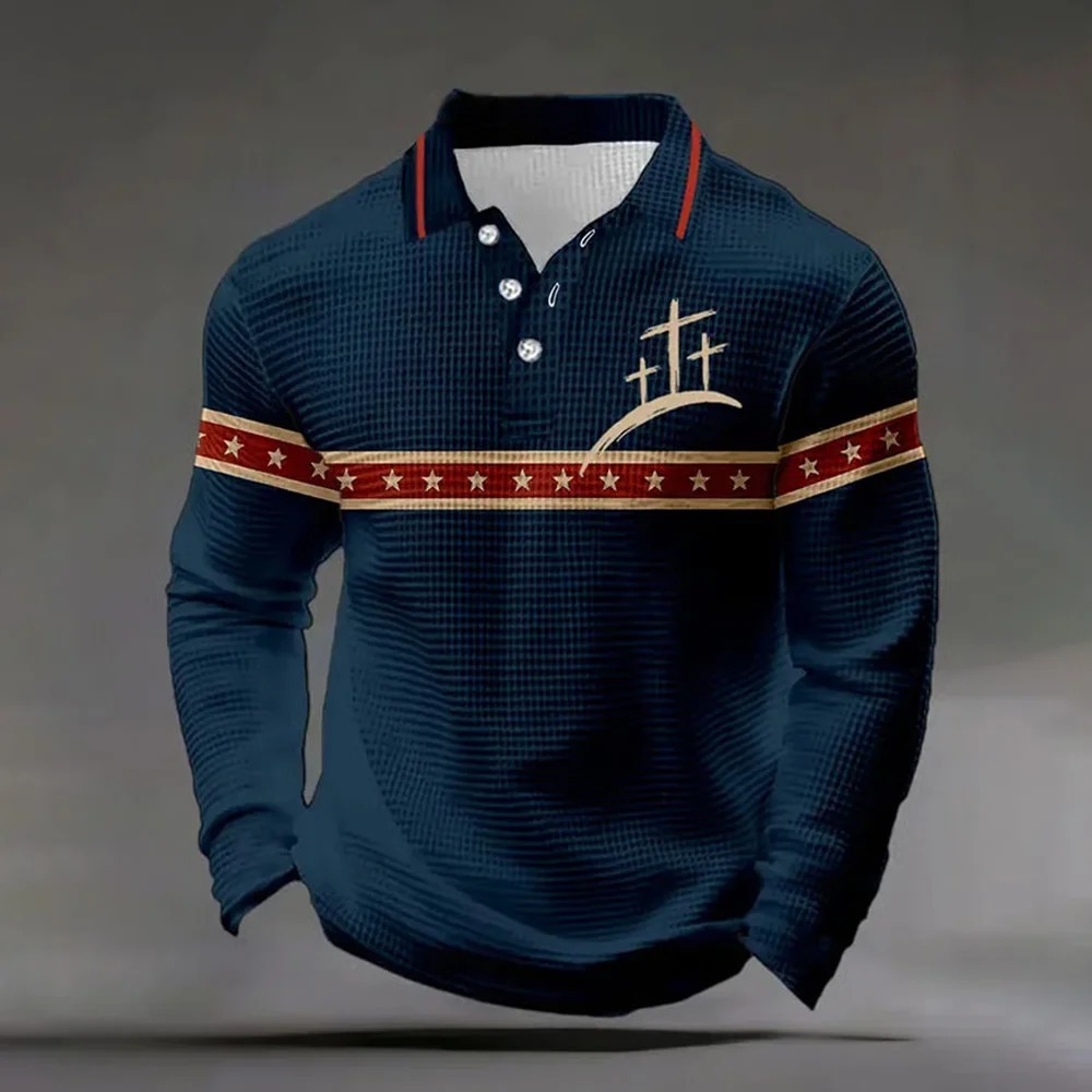 Men's Retro Letter Design Waffle Fabric Long Sleeve Polo Shirt