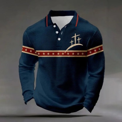 Men's Retro Letter Design Waffle Fabric Long Sleeve Polo Shirt