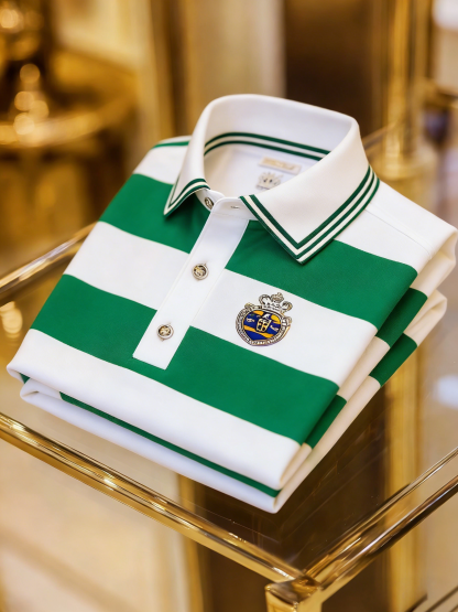 Men's Business Casual Color Block Stripe Button Short Sleeve Polo Shirt