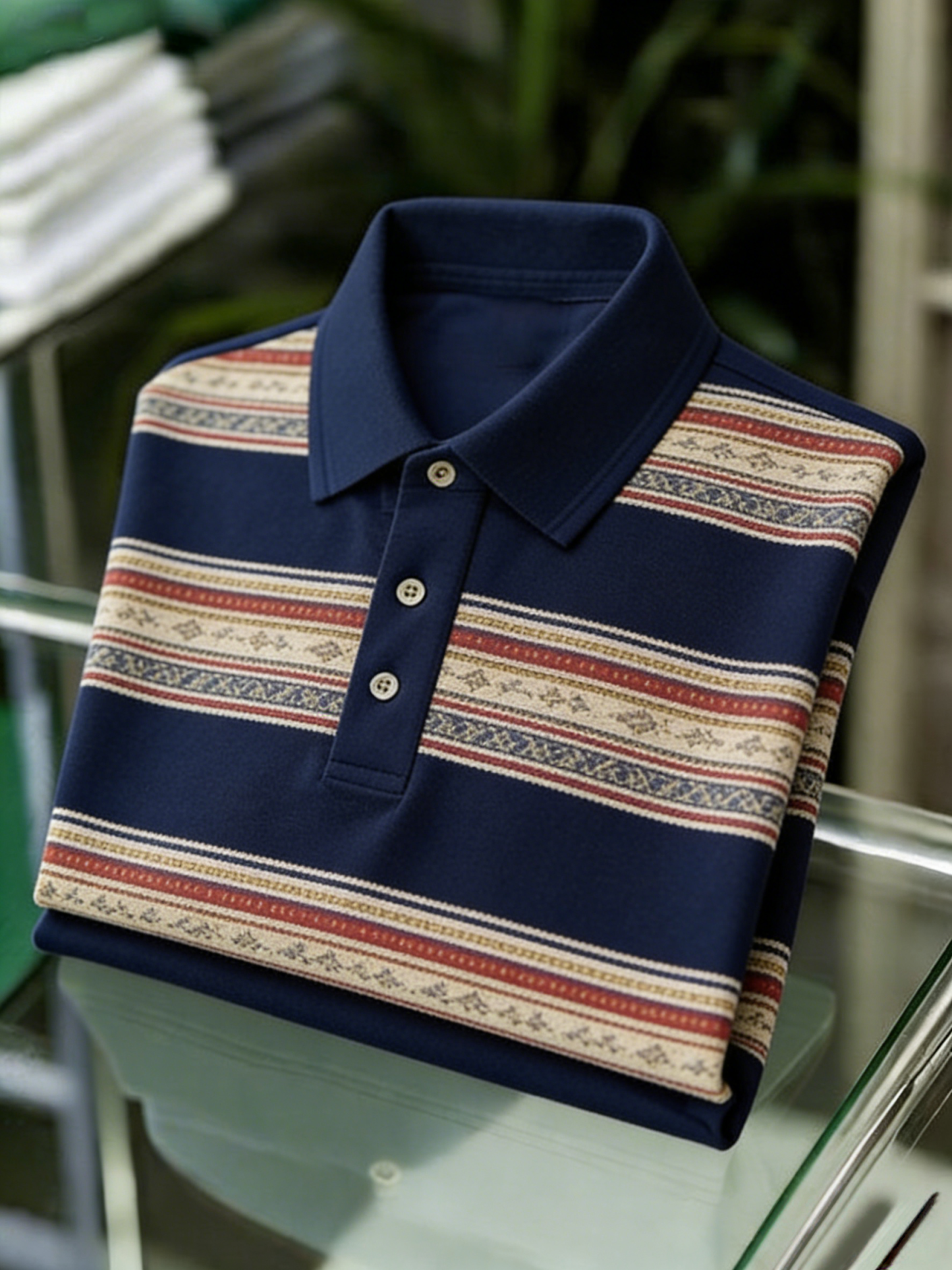 Men's Business Casual Color Block Stripe Logo Button Short Sleeve Polo