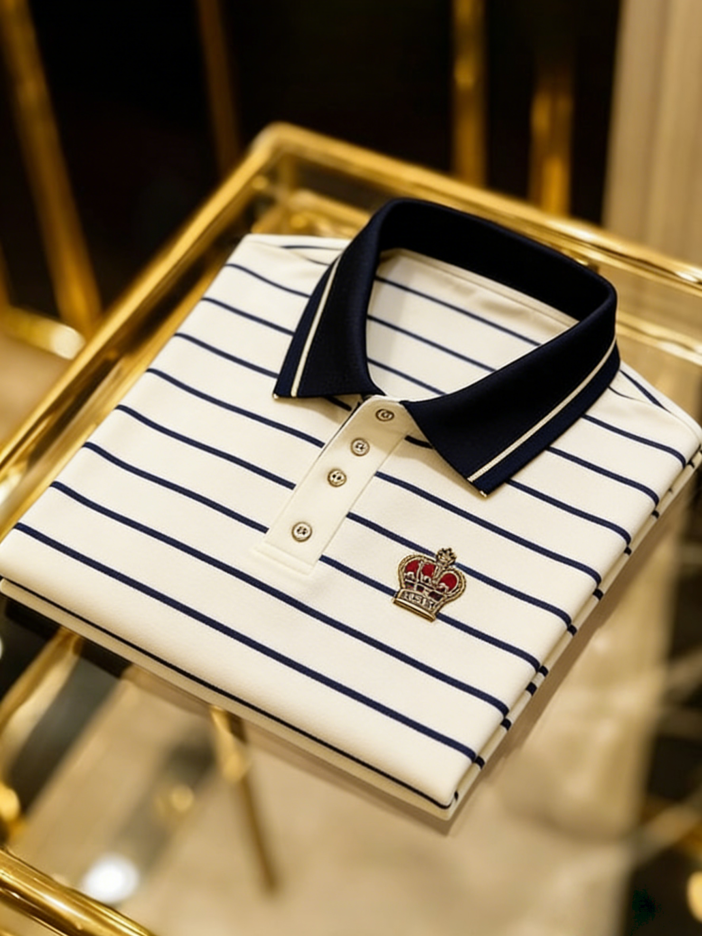 Men's Business Casual Color Block Stripe Logo Button Short Sleeve Polo