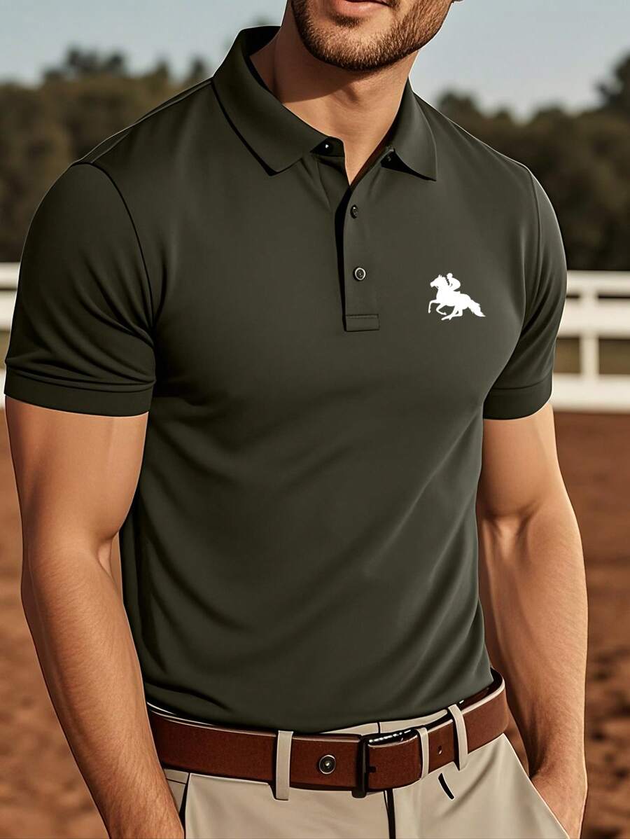 Men's Casual Horse Printed Solid Color Short Sleeve Polo Shirt