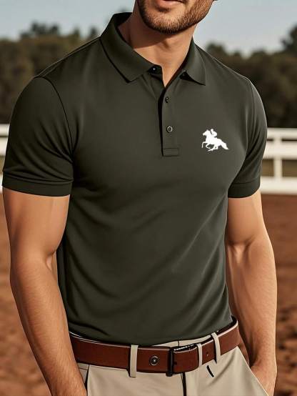 Men's Casual Horse Printed Solid Color Short Sleeve Polo Shirt