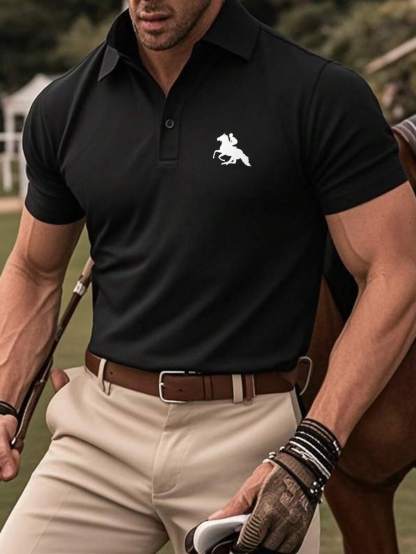 Men's Casual Horse Printed Solid Color Short Sleeve Polo Shirt