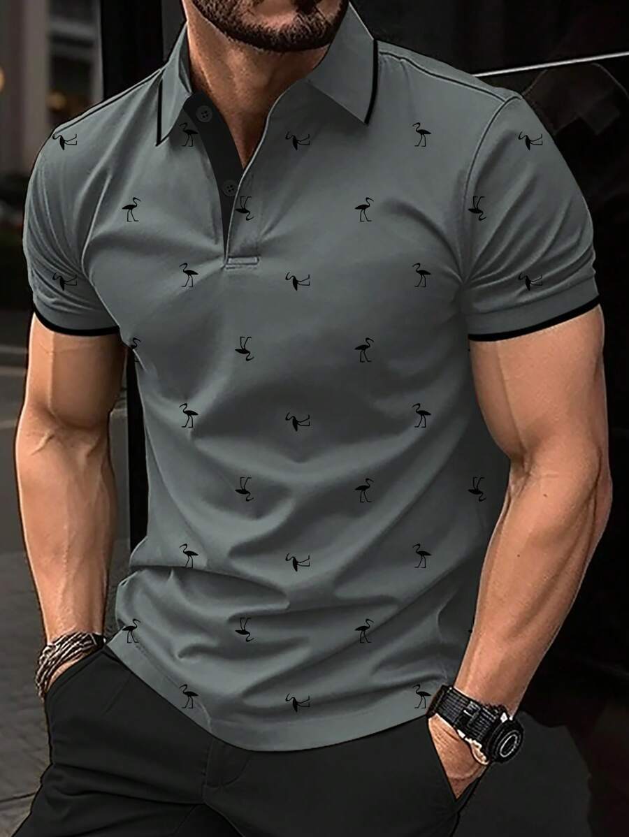 Men's Bird Print Contrast Short Sleeve Polo Shirt