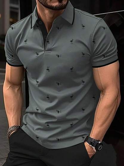 Men's Bird Print Contrast  Short Sleeve Polo Shirt