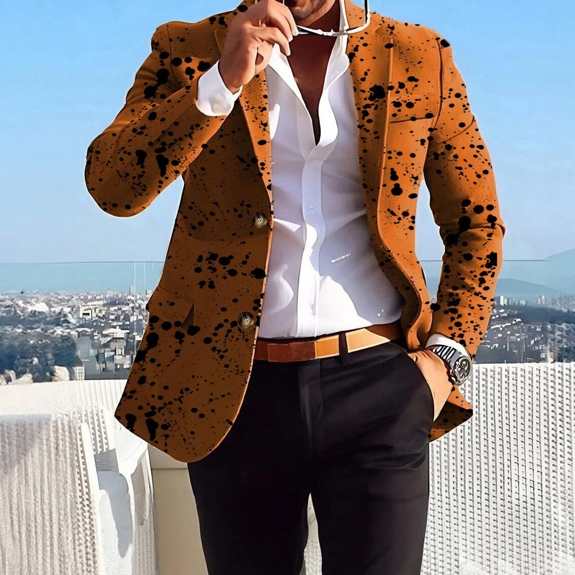 Men's Ink Dot Print Lapel Collar Two Button Blazer