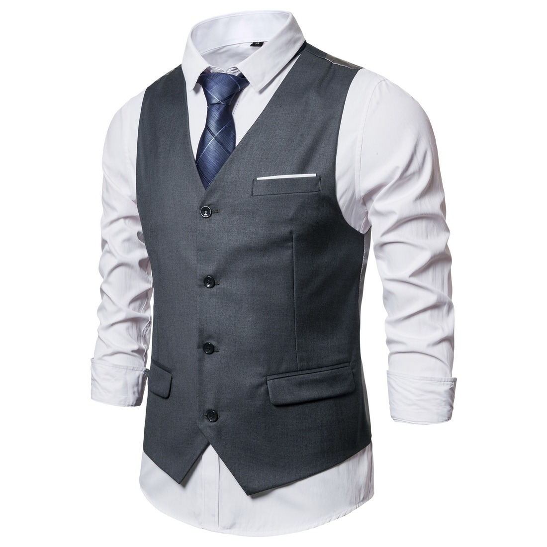 Men's Fashionable Solid Color Design Single-Breasted Pocket Design Versatile Slim-Fitting Vest