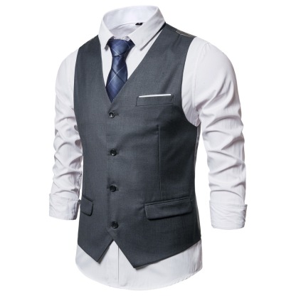 Men's Fashionable Solid Color Design Single-Breasted Pocket Design Versatile Slim-Fitting Vest