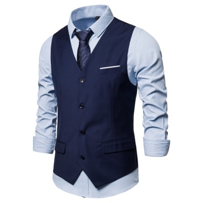 Men's Fashionable Solid Color Design Single-Breasted Pocket Design Versatile Slim-Fitting Vest
