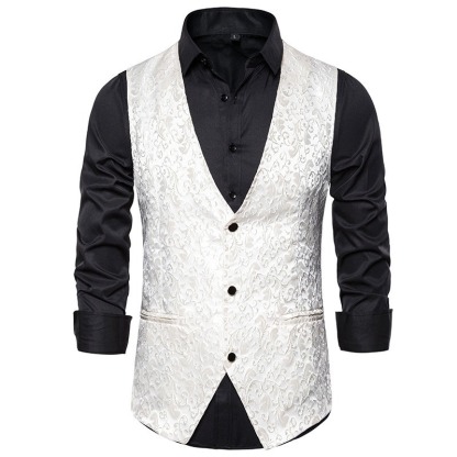 Mens Hipster Metallic Jacquard Single Breasted V-Neck Suit Vest/Tuxedo Waistcoat