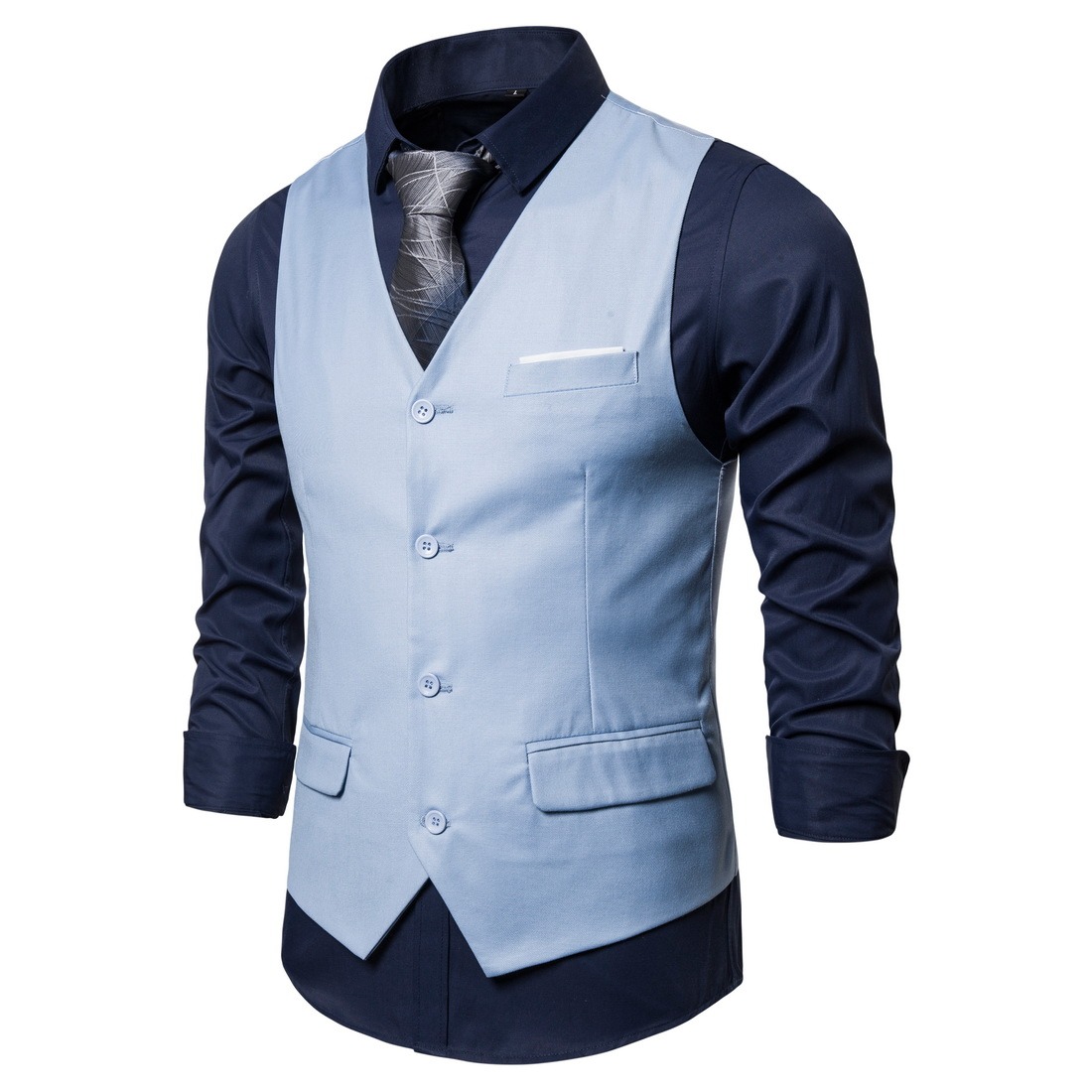 Men's Fashionable Solid Color Design Single-Breasted Pocket Design Versatile Slim-Fitting Vest