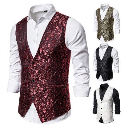 Mens Hipster Metallic Jacquard Single Breasted V-Neck Suit Vest/Tuxedo Waistcoat