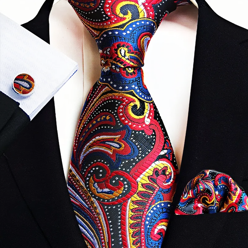 Men's Classic Paisley Tie Pocket Square Cufflinks Set