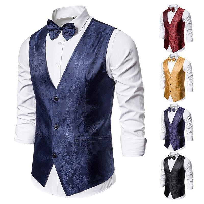 Mens Hipster Metallic Paisley Printed Single Breasted V-Neck Suit Vest/Tuxedo Waistcoat