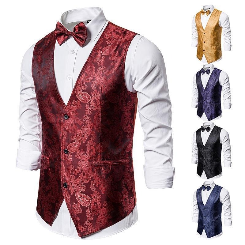 Mens Hipster Metallic Paisley Printed Single Breasted V-Neck Suit Vest/Tuxedo Waistcoat