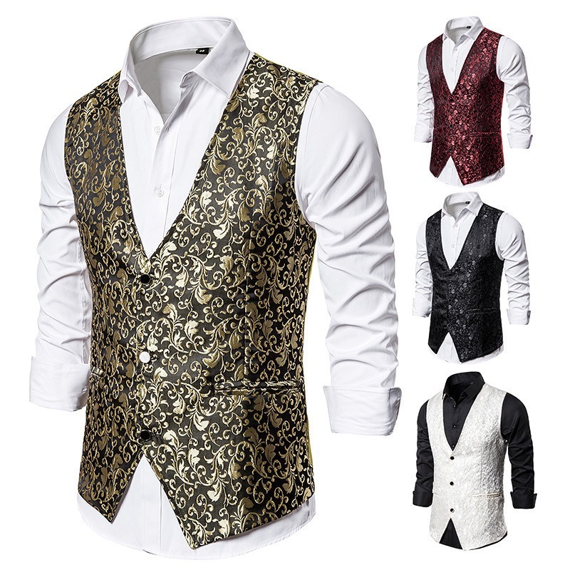 Mens Hipster Metallic Jacquard Single Breasted V-Neck Suit Vest/Tuxedo Waistcoat