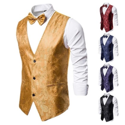 Mens Hipster Metallic Paisley Printed Single Breasted V-Neck Suit Vest/Tuxedo Waistcoat