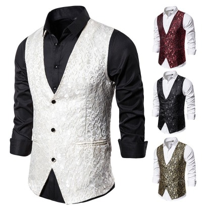 Mens Hipster Metallic Jacquard Single Breasted V-Neck Suit Vest/Tuxedo Waistcoat