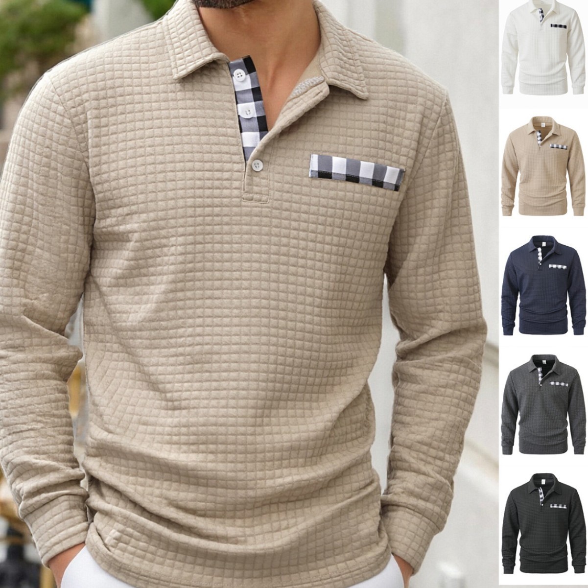 Men's Vintage Striped Long-Sleeved Henley Polo Shirt