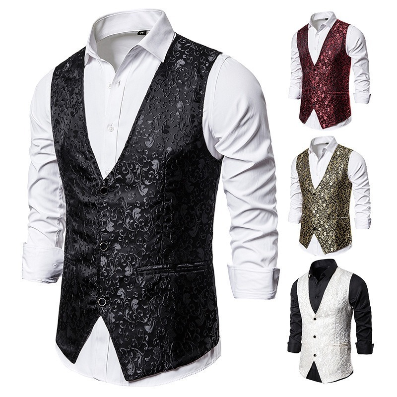 Mens Hipster Metallic Jacquard Single Breasted V-Neck Suit Vest/Tuxedo Waistcoat