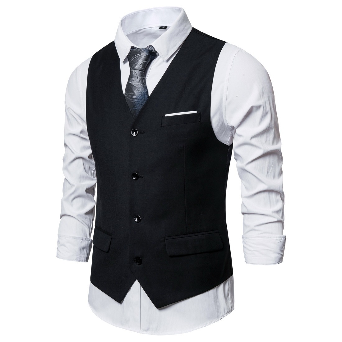 Men's Fashionable Solid Color Design Single-Breasted Pocket Design Versatile Slim-Fitting Vest