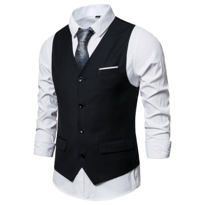 Men's Fashionable Solid Color Design Single-Breasted Pocket Design Versatile Slim-Fitting Vest