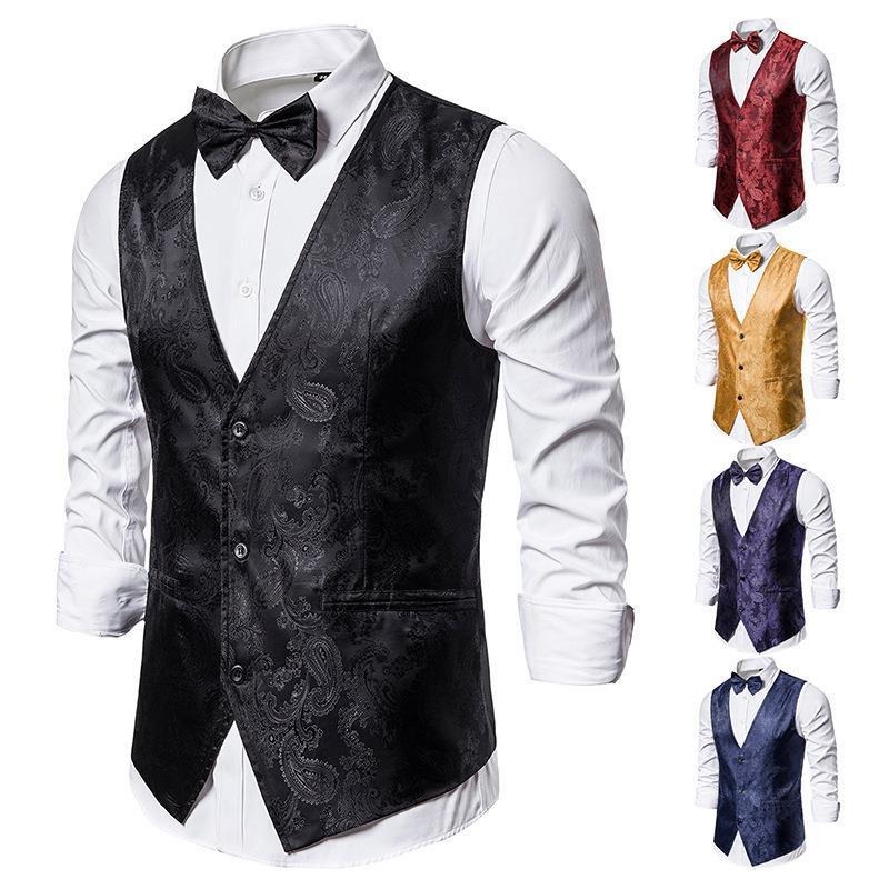 Mens Hipster Metallic Paisley Printed Single Breasted V-Neck Suit Vest/Tuxedo Waistcoat