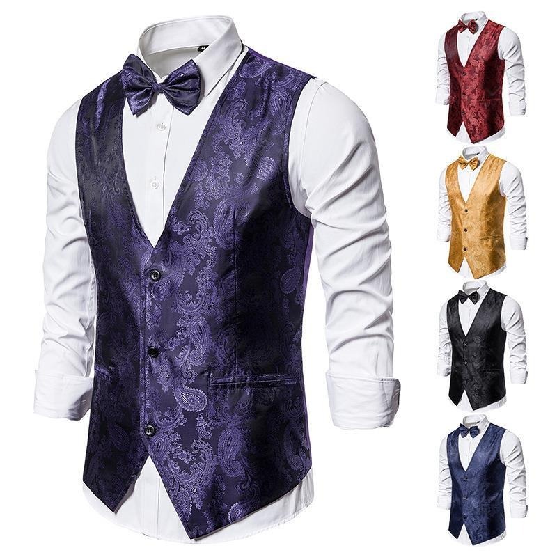 Mens Hipster Metallic Paisley Printed Single Breasted V-Neck Suit Vest/Tuxedo Waistcoat