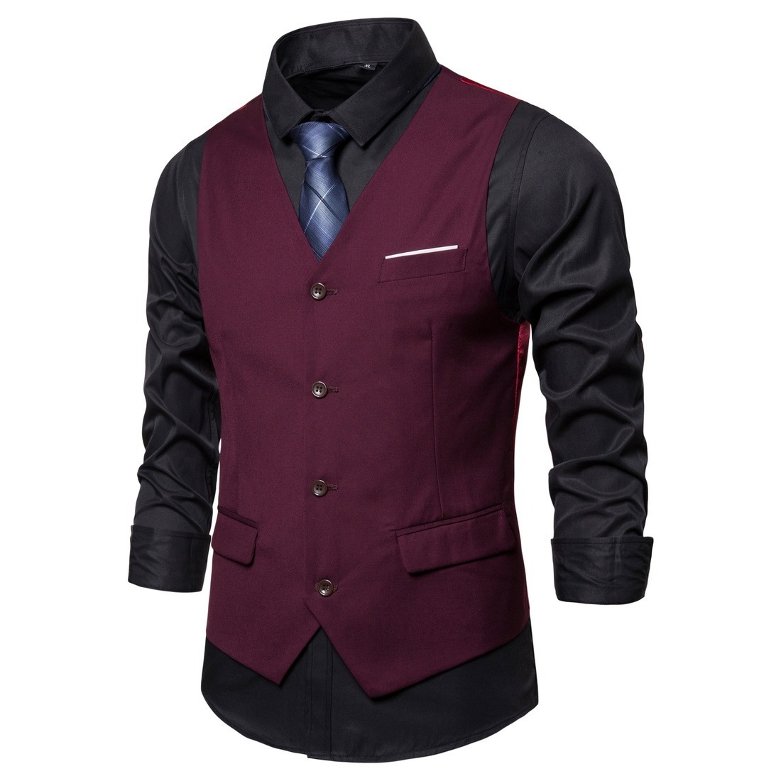 Men's Fashionable Solid Color Design Single-Breasted Pocket Design Versatile Slim-Fitting Vest