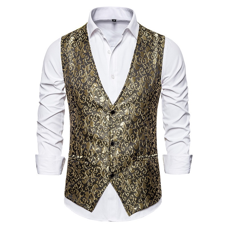 Mens Hipster Metallic Jacquard Single Breasted V-Neck Suit Vest/Tuxedo Waistcoat