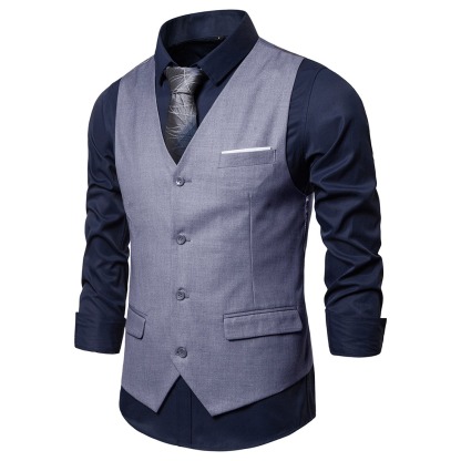 Men's Fashionable Solid Color Design Single-Breasted Pocket Design Versatile Slim-Fitting Vest