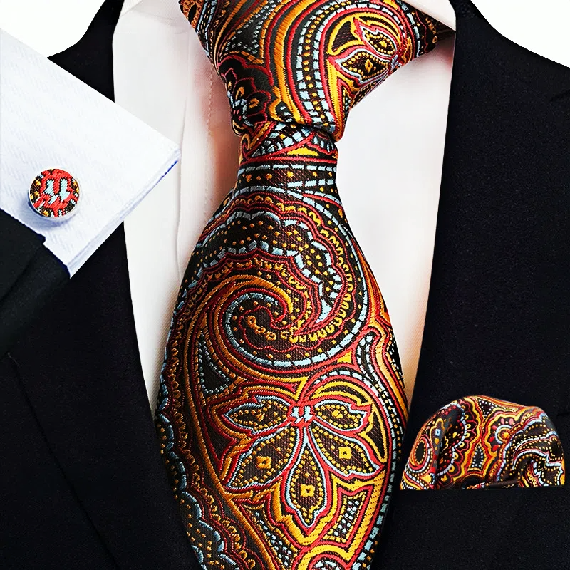 Men's Classic Paisley Tie Pocket Square Cufflinks Set