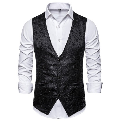 Mens Hipster Metallic Jacquard Single Breasted V-Neck Suit Vest/Tuxedo Waistcoat