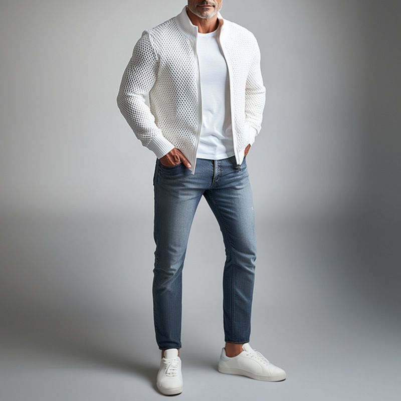 Men's Stand Collar Long Sleeve Hollow Out Knitted Zip Up Jacket