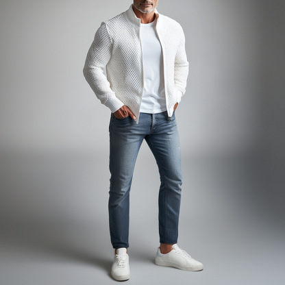 Men's Stand Collar Long Sleeve Hollow Out Knitted Zip Up Jacket