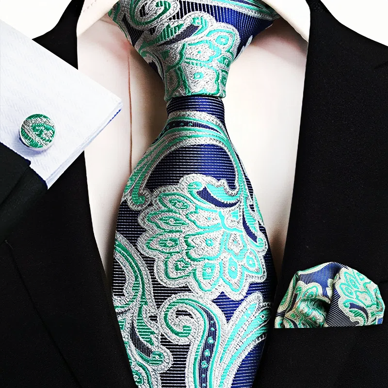 Men's Classic Paisley Tie Pocket Square Cufflinks Set