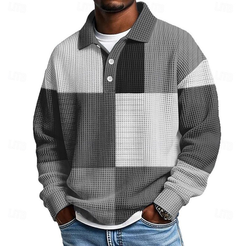 Men's Color Block Geometic Waffle Polo Shirts