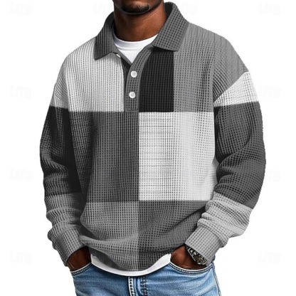 Men's Color Block Geometic Waffle Polo Shirts
