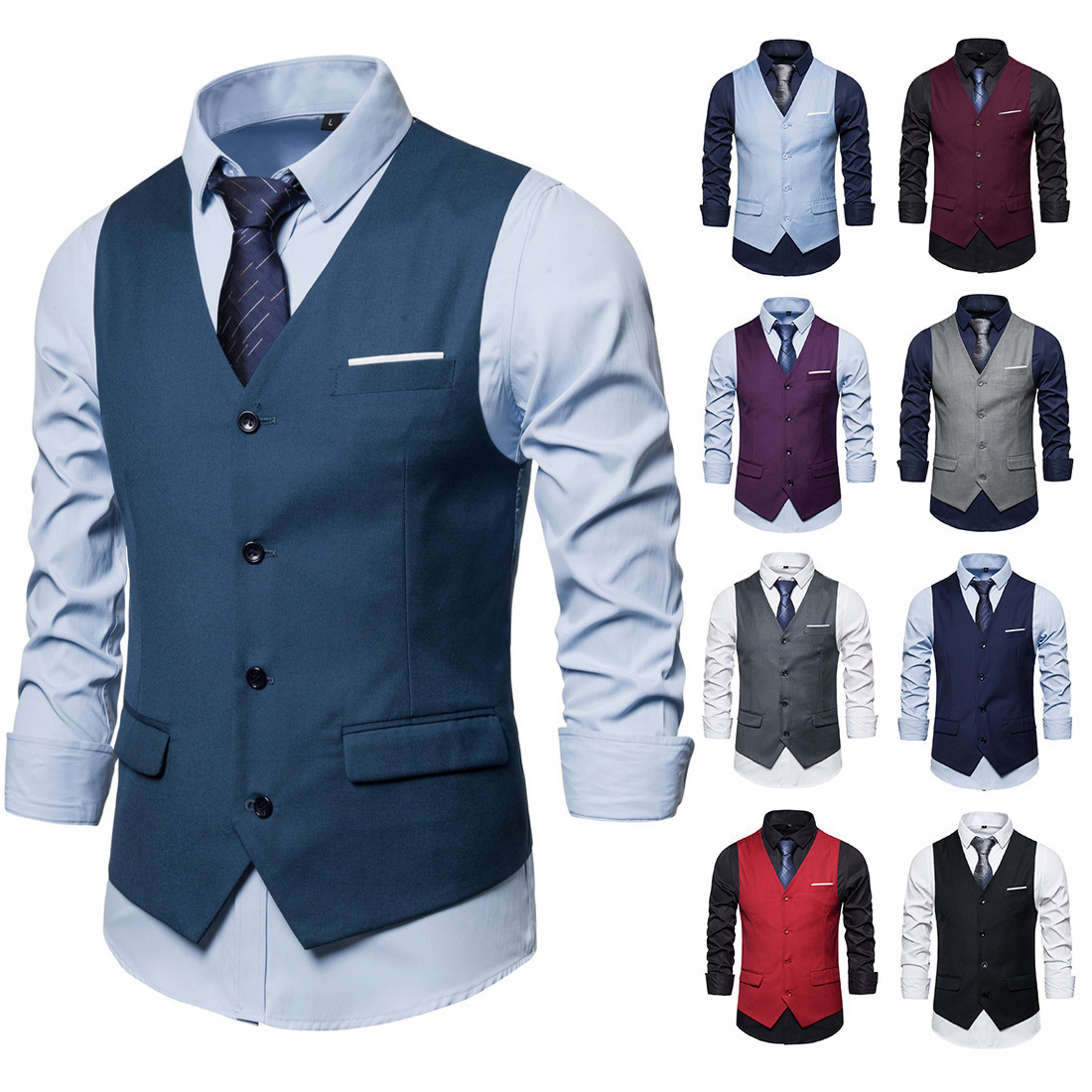 Men's Fashionable Solid Color Design Single-Breasted Pocket Design Versatile Slim-Fitting Vest