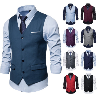 Men's Fashionable Solid Color Design Single-Breasted Pocket Design Versatile Slim-Fitting Vest