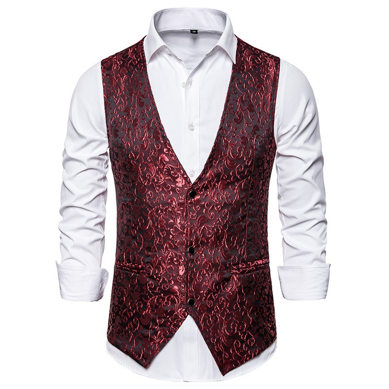 Mens Hipster Metallic Jacquard Single Breasted V-Neck Suit Vest/Tuxedo Waistcoat